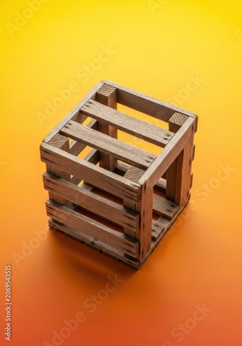 Isolated image of a small, antique wooden cage or ventilated transport crate, featuring rough timber slats and natural light, housing, texture, handcrafted