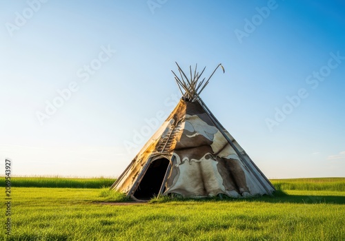 Traditional Native American dome-shaped hut constructed from natural materials standing in a grassy meadow under a clear sky, ancient, structure, construction