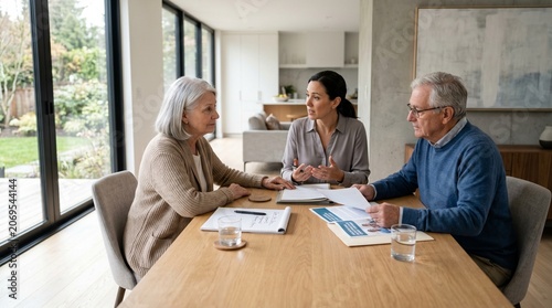 Financial Consultation: A compassionate financial advisor attentively listens to an elderly couple as they discuss their finances around a modern dining table.