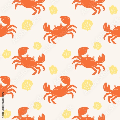 Hand Drawn Crab and ShellSeamless Pattern, Coastal Nautical Repeat Background, Mediterranean Summer Style