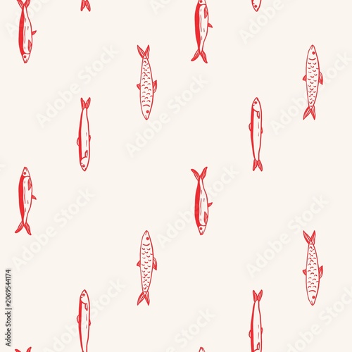Hand Drawn Sardine Seamless Pattern, Red Coastal Fish Repeat Background, Nautical Mediterranean Style