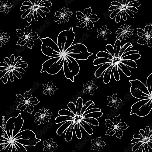Hand Drawn Floral Seamless Pattern with White Sketch Flowers