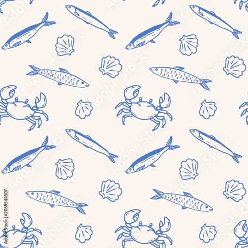 Seamless Seafood Pattern with Fish, Crabs and Seashells in Blue Line Art on Light Background