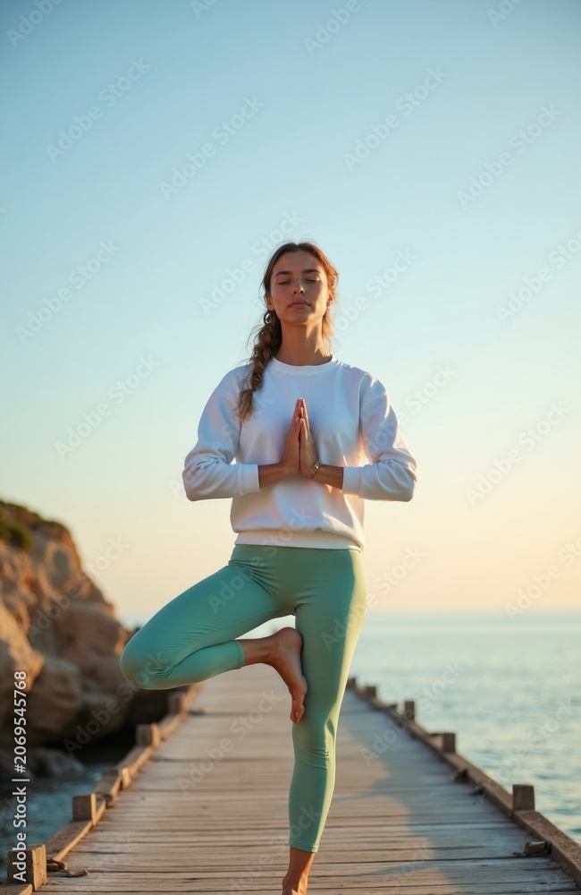 Fototapeta premium Young woman does yoga tree pose on wooden pier by sea. Female balances with closed eyes in sportswear. Outdoors nature scene, ocean horizon, calm water, sky.