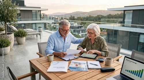 Senior Couple Reviewing Finances: A sophisticated senior couple sits at an outdoor table, reviewing financial documents and using a tablet, symbolizing careful planning and comfortable retirement.