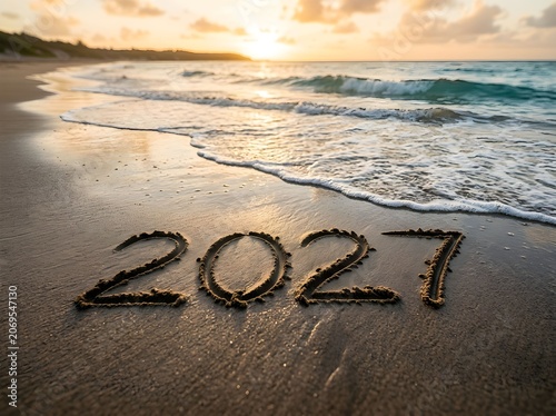 The Year 2027 Written in the Sand as a Gentle Wave Approaches the Shore