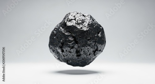 Massive, irregularly shaped carbon lump hovers above a pristine white surface, casting a subtle, defined shadow below, isolated, simple, large