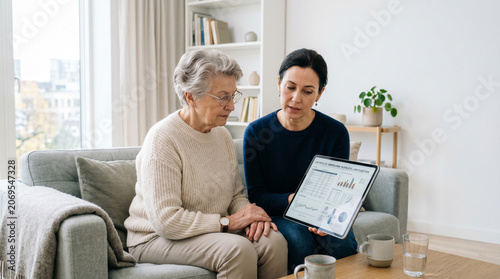 Senior Care Discussion: A caring woman explains financial data on a tablet to an elderly woman sitting on a sofa, signifying support and guidance in later life.