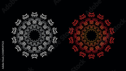 Luxury geometric Arabic mandala ornaments with red and white patterns on black background.