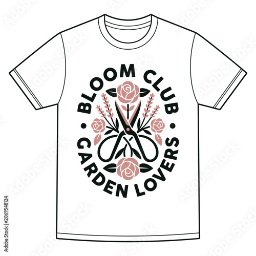 Bloom club garden lovers t shirt design with roses and floral shears, gardening