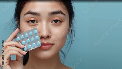 A young woman holds a blister pack of pills in her hand