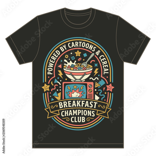 Fotografie Breakfast champions club graphic t shirt design with bowl of cereal and old
