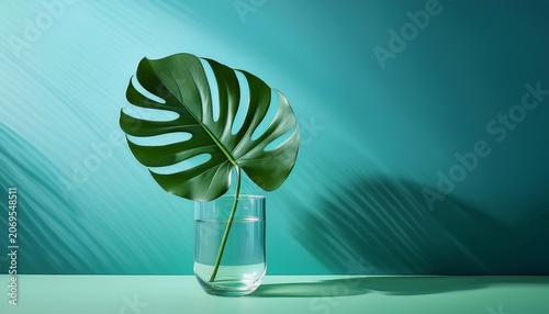 Single Monstera Leaf In A Glass Vase On A Minimalist Blue Green Background
