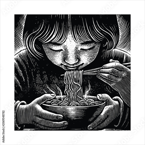 Girl eating spicy ramen bowl