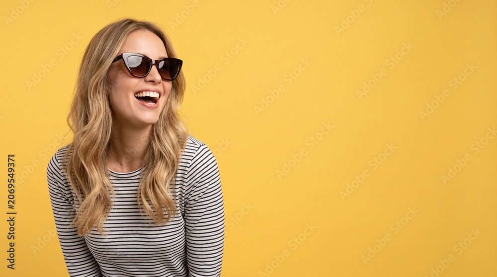 Fototapeta premium Joyful blonde woman in sunglasses laughing against a yellow background