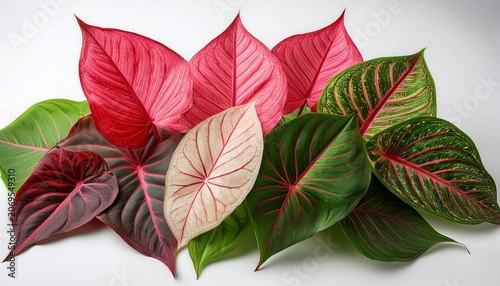 Close Up Of Vibrant Caladium Foliage On A Bright White Backdrop
