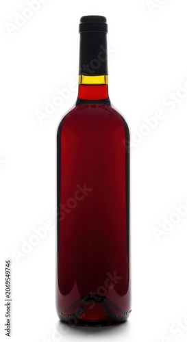 A full, sealed glass bottle of rich red wine standing vertically on a pure white background in a studio setting. Minimalist and clear, drink, expensive, simple