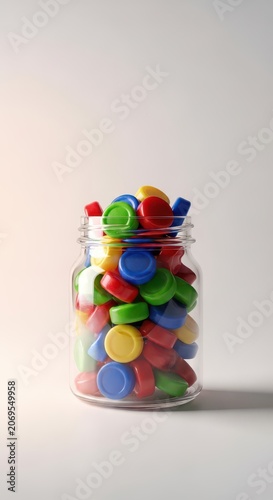 An abundant collection of vibrant, assorted hard candies is showcased inside a classic transparent glass jar, ready for sweet consumption, variety, flavor, dessert.