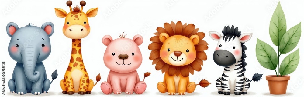Fototapeta premium Cute watercolor safari animals group including elephant giraffe bear lion zebra. Little jungle creatures sit together. Baby animals illustration for kids. Green plant in pot.