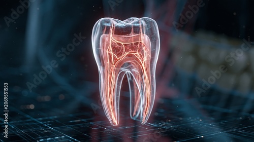 Transparent Tooth Anatomy With Glowing Nerves and Roots on Dark Background in Futuristic Medical Render Showing Dental Structure