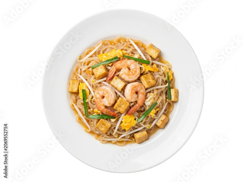 Принти на полотні Traditional Pad Thai with Shrimp and Tofu on a White Plate Overhead View