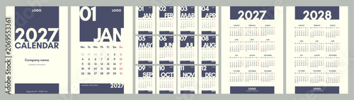 Monthly calendar for 2027. Vertical template, A4 format, English, week starts on Monday. Cover, 12 pages, 2027 and 2028 full calendar. Minimalistic graphics.
