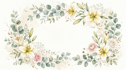 Beautiful floral wreath with white and pink flowers and green leaves on white background