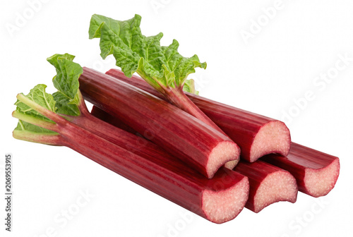 Картината върху платно Fresh Ruby Red Rhubarb Stalks with Green Leaves