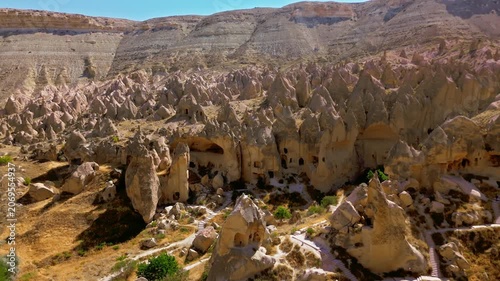 Drone view of Zelve Open Air Museum, Cappadocia, Turkey. Deep ravines, eroded rock formations and carved caves show the area’s dramatic natural and historic character.