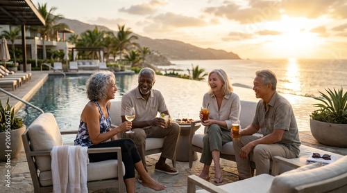 Retirement Bliss by the Sea: Four smiling, active seniors enjoy drinks and conversation by a resort pool overlooking the ocean at sunset, embodying the joy of leisure and a well-lived life.