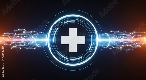 Medical cross symbol glowing with digital circuit board patterns and light trails representing advanced healthcare technology