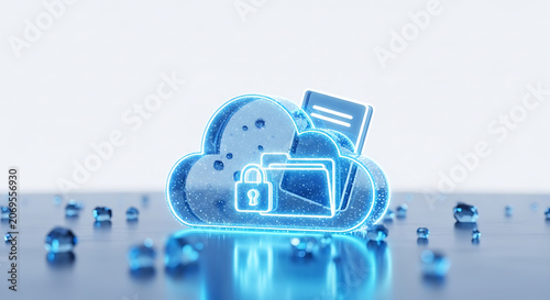 Glowing digital cloud with secure folder and document symbol for cloud computing data storage and cybersecurity concept