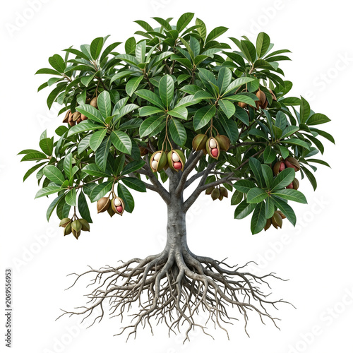 Kola Nut Tree Ultra realistic full kola nut tree bearing kola nuts, detailed leaves, isolated on white background
