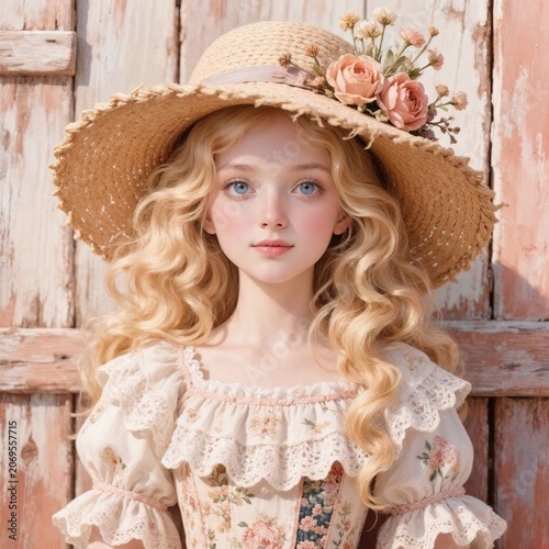 Young woman with curly hair wearing a hat and floral dress outdoors  