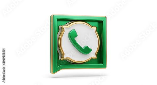 Three dimensional green and gold social media phone representing communication and digital connectivity on white