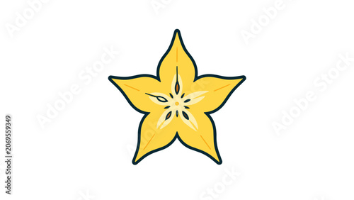 Stylized yellow starfruit slice icon with dark blue outline isolated on white background for food graphic design