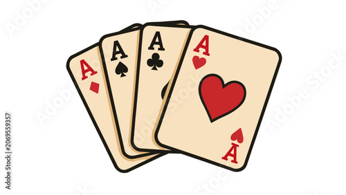 Four aces playing cards vector illustration fanned out on a white background, perfect for poker and casino gambling concepts