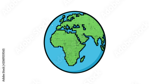 Pixelated globe map showing continents of Africa and Europe on white background