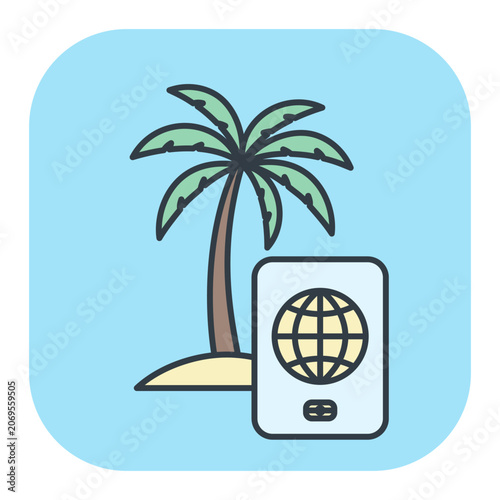 Flat vector icon of a passport with a tropical palm tree. Illustrations for summer and vacation design