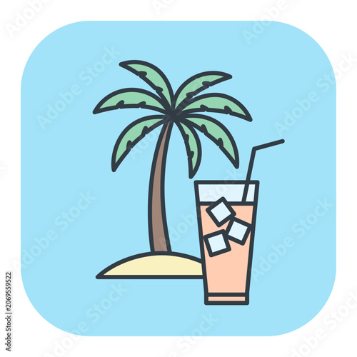 Flat vector icon of a summer cocktail with a tropical palm tree. Illustrations for summer and vacation design