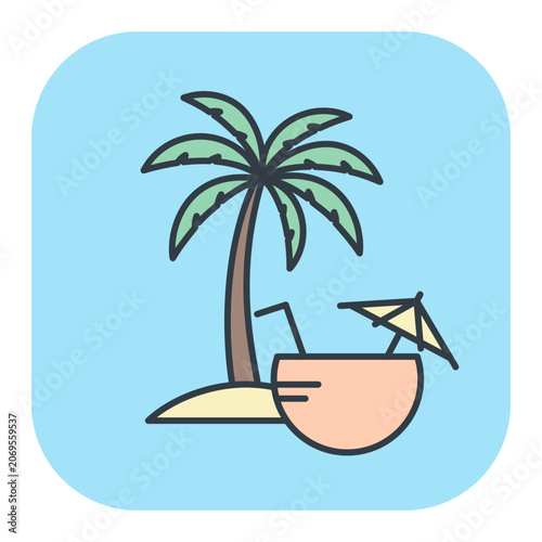 Flat vector icon of a coconut cocktail with a tropical palm tree. Illustrations for summer and vacation design