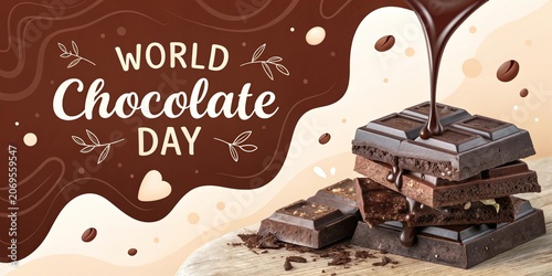 World Chocolate Day celebration banner with chocolate bars coffee beans and hearts