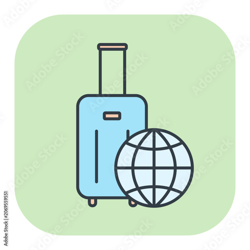 Flat vector icon of a travel suitcase with a global globe. Illustrations for summer and vacation design