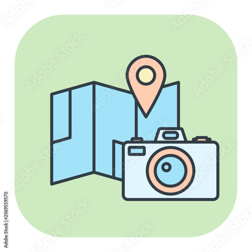 Flat vector icon of a photo camera with navigation travel map. Illustrations for summer and vacation design