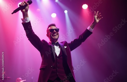 Man in tuxedo holds microphone on stage under vibrant lights. Cheerful performer with arms raised smiles, celebrating success and victory with energetic performance. Exciting live show.