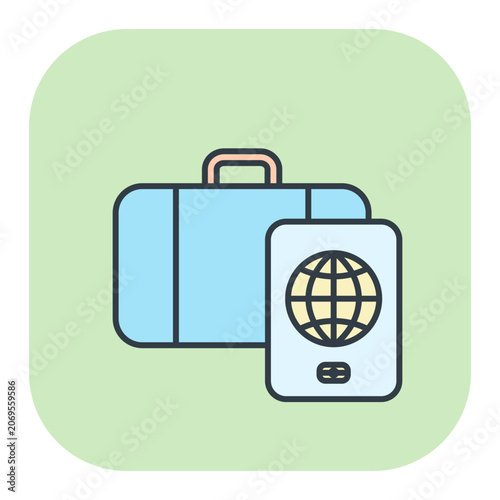 Flat vector icon of a travel briefcase with an international passport. Illustrations for summer and vacation design