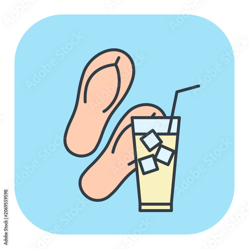 Flat vector icon of beach flip-flops with a refreshing summer cocktail. Illustrations for leisure and vacation design