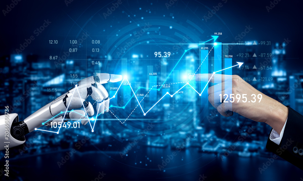 Fototapeta premium A robotic hand and a human hand interact against digital stock market graphs, representing the integration of technology and finance in modern business environments. Scalp