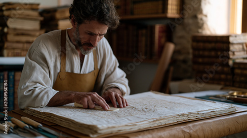 Bookbinder in a warm workshop presses a hand-sewn leather cover onto a restored manuscript block, bone folder and gilding tools arranged on the bench, stacks of antique volumes