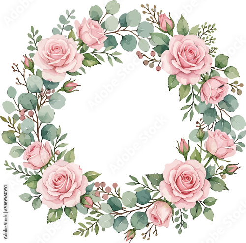Floral wreath with pink roses and eucalyptus leaves isolated on white background for wedding invitation design vector